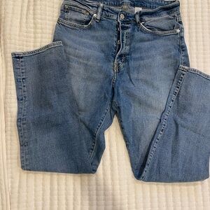 Blue Straight Leg Jeans with Contrasting Stitching